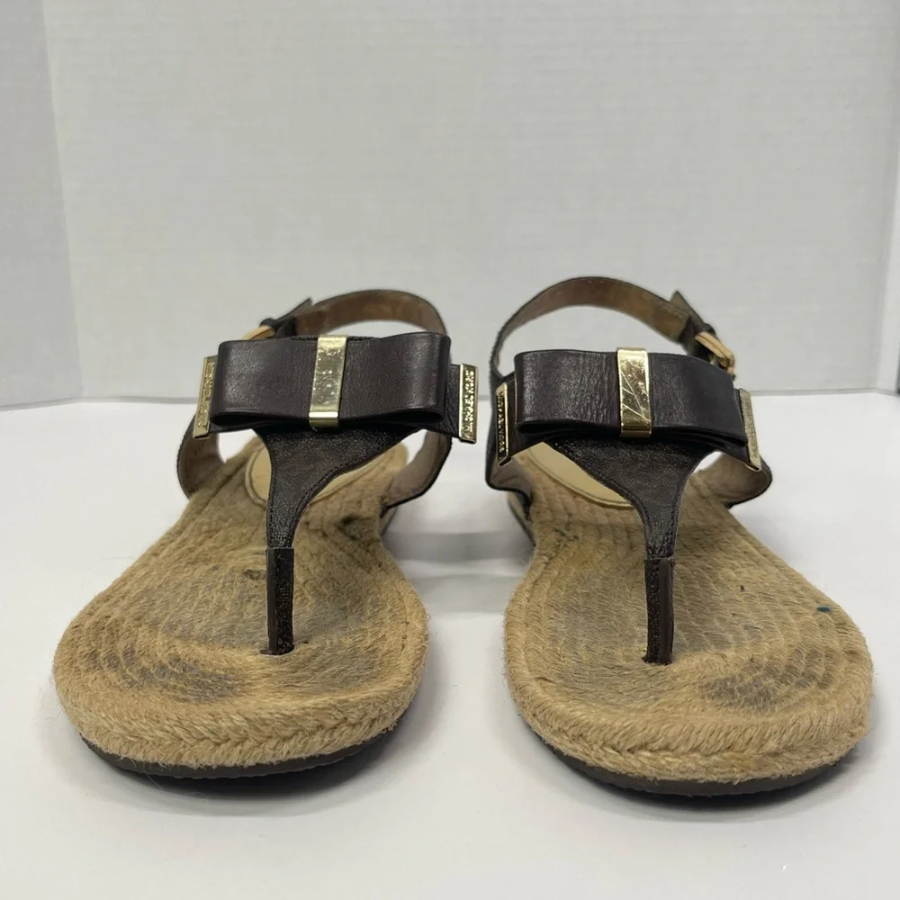 Michael Kors Espadrille Thongs Sandals Gold Brown Bow Flat Sandal Boho Vacation